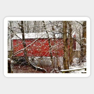 Red Ashland Delaware Covered Bridge in the Snow Sticker